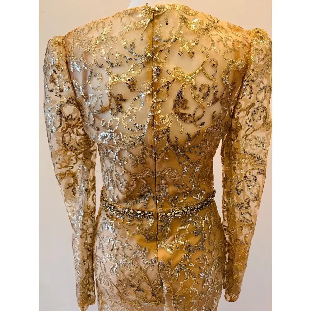NWT Mac Duggal Gold Overlay Long Sleeve High Neck Floor Length Gown US‎ 4 - Picture 5 of 14